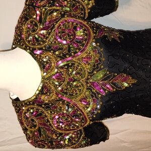 Vintage Laurence Kazar Women Beaded Sequin Dress Petite Small Black 100% Silk